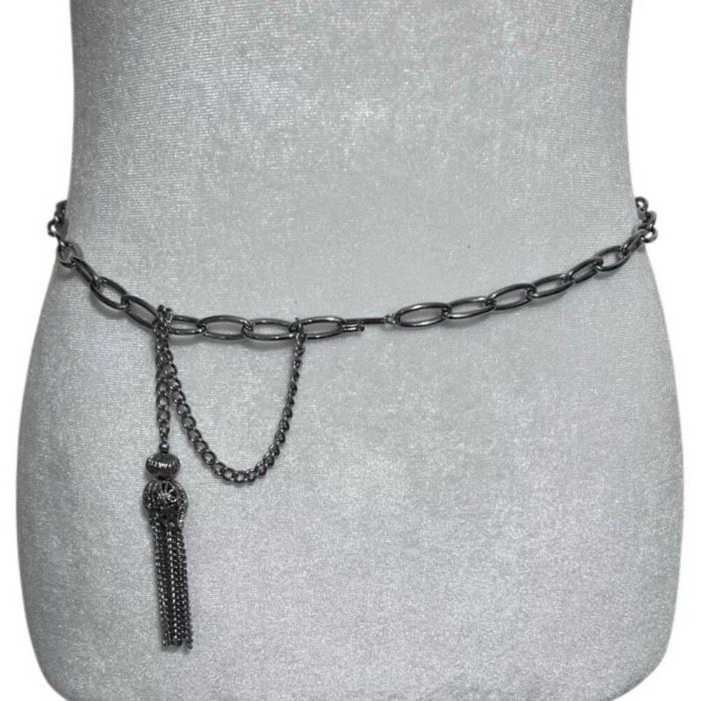 Vtg Chunky Chain Link Belt With Chain Tassel Women's 28" Silver-tone Adjustable